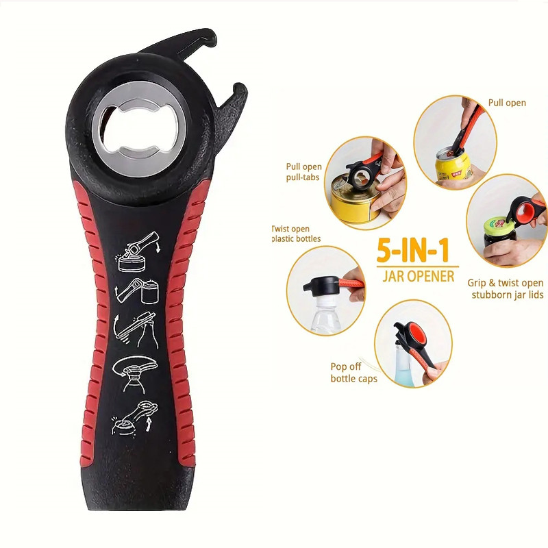 1Pc Multifunctional 5-in-1 Bottle Can Opener Kitchen Anti-Slip Cap Rotary Bottle Opener Kitchen Tool