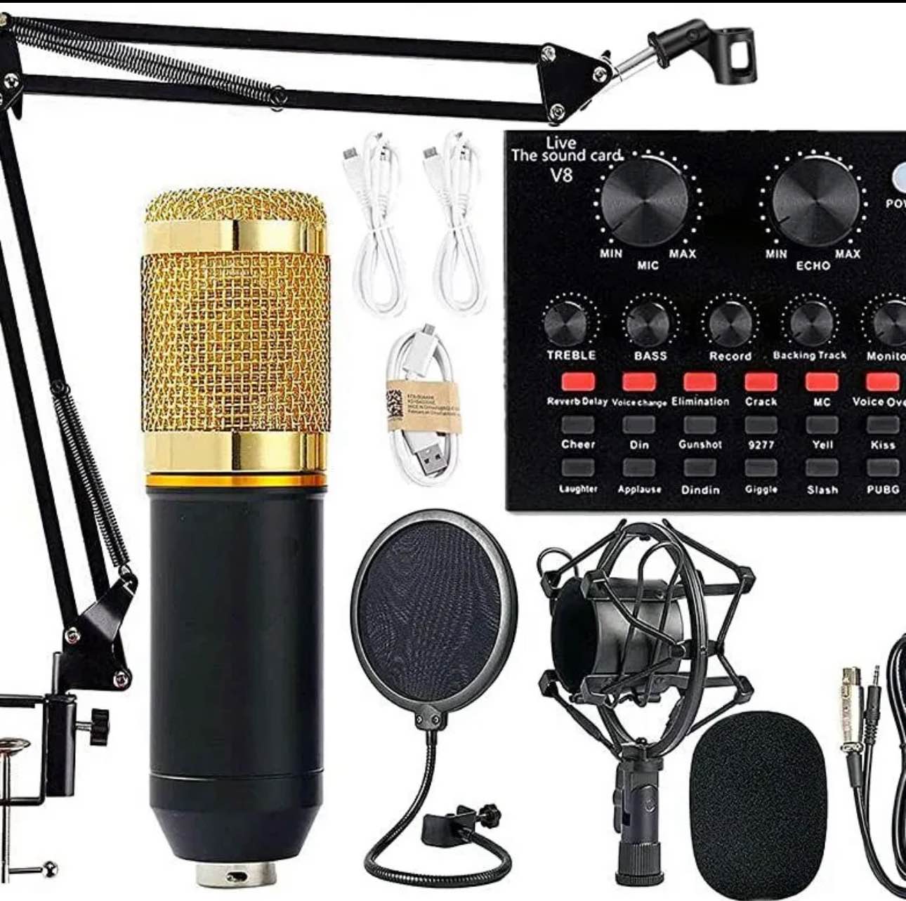 BM800 Professional Studio Condenser Microphone with V8 Sound Card, Wired, Noise Reduction DSP Chips, Rechargeable Battery, Black/Custom