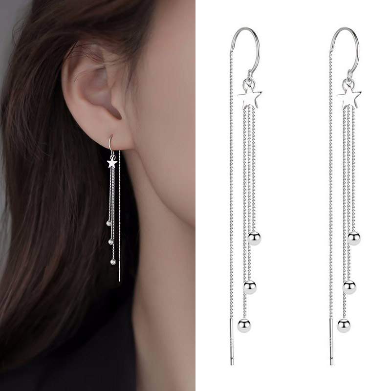 A Girl 1Pcs Five Pointed Star Long Chain Earring for Women Girls Tassel Bead Ear Line Wedding Elegant Silver Color Jewelry