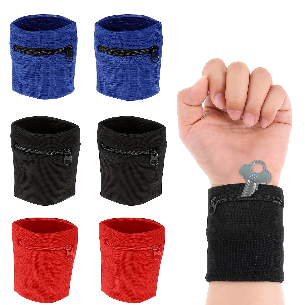 2pcs Zipper Wristbands with Hidden Storage Pocket - Hands-Free Wrist Sweat Bands for Men & Women, Running, Hiking, Gym