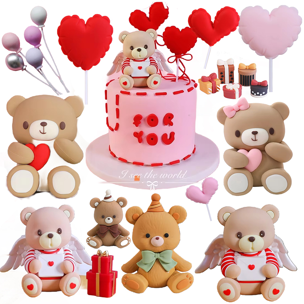 Bear Cake Topper Red Hearts Valentine Baby Shower Birthday Party Cake Decor Boy Girl Celebration Supplies Romantic Gift Idea