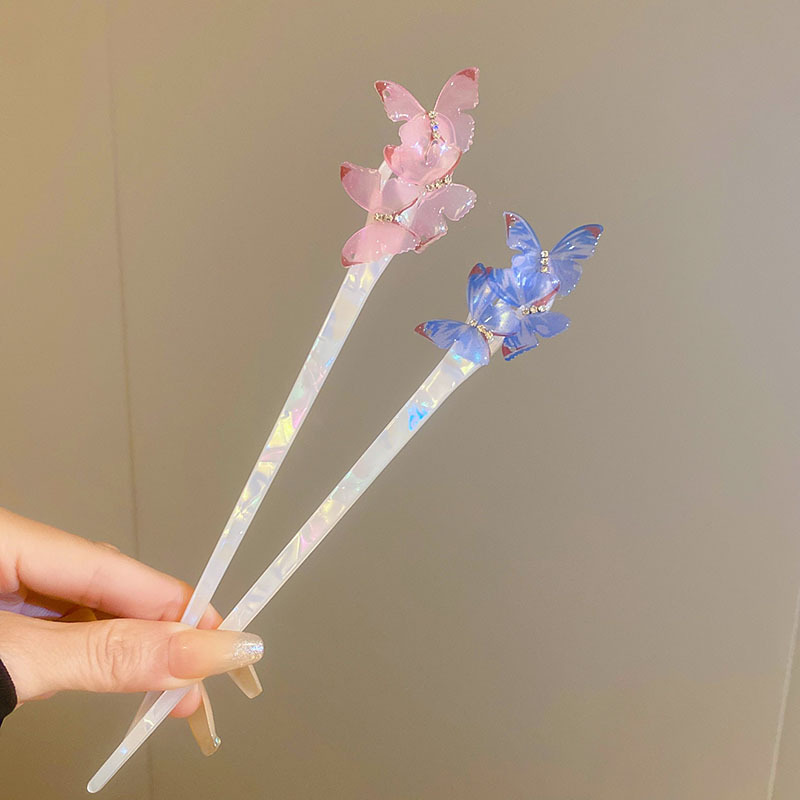 Retro Butterfly Acetic Acid Hair Sticks for Women New Chinese Style Updo Acrylic Hair Needle Chic Buns Rhinestones Accessories A