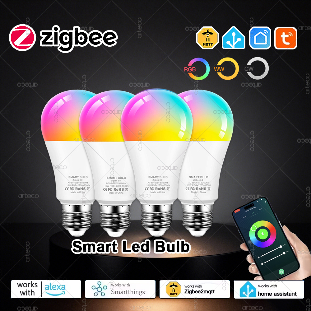 4Pcs E27 Zigbee 3.0 LED Bulbs,Smart LED Lamps,RGB+CW+WW,15W, LED Light Bulb Works With Alexa Echo Plus Smartthings Yandex Z2MQTT lightify