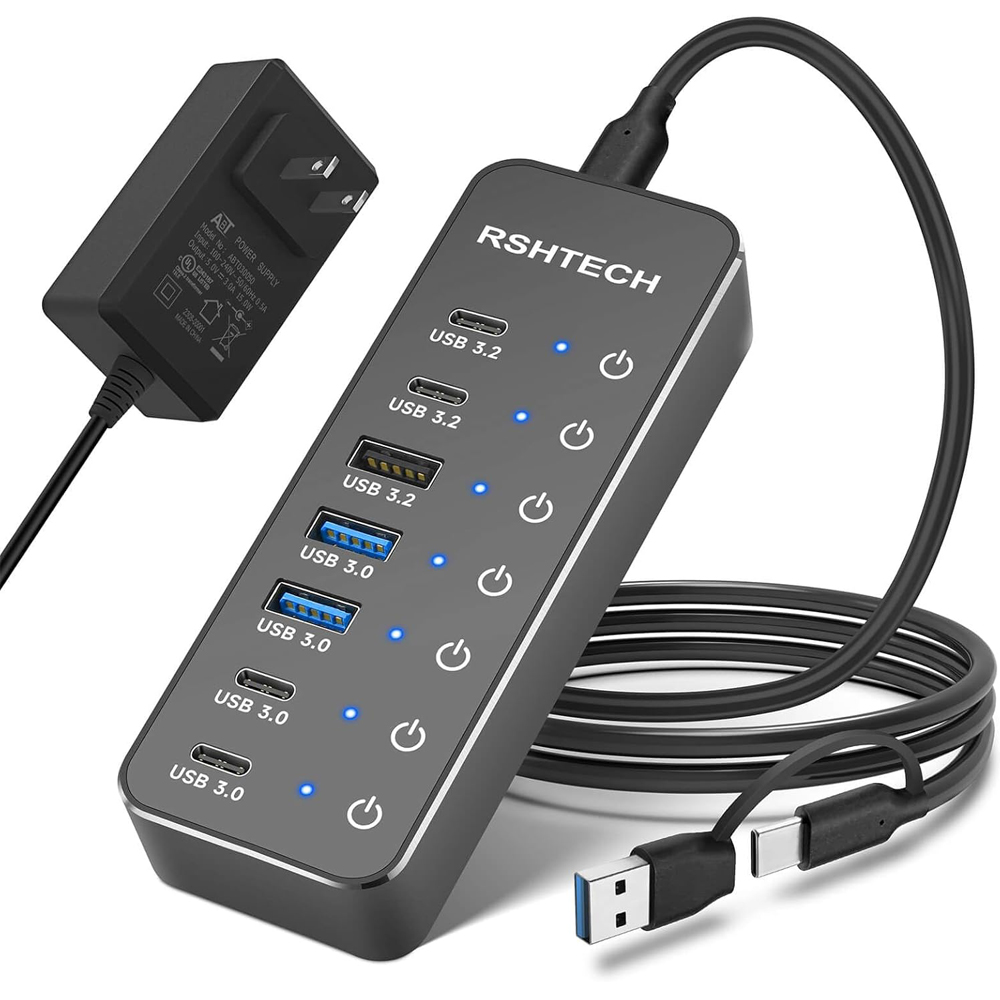 RSHTECH Powered 7 Port 10Gbps Data USB Hubs Individual On/Off Touch Switches Splitter for Surface Windows PC Laptop Desktop