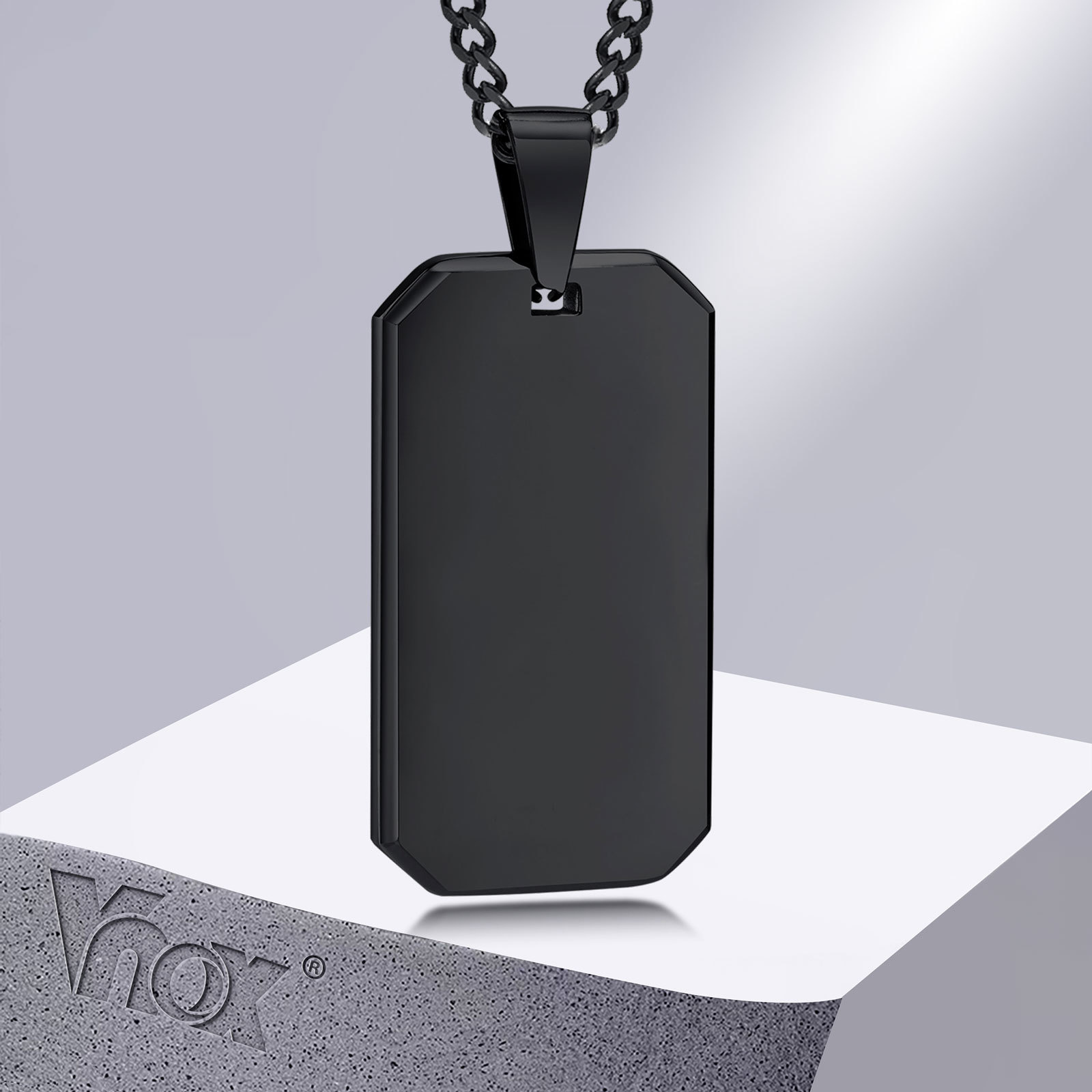 Vnox Men Dogtag Necklaces, Geometric Rectangle Pendant with Cuban Chain, Black Silver Color Stainless Steel Casual Neck Collar