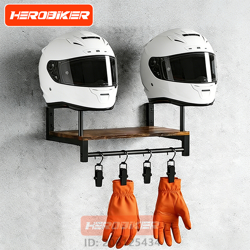 Motorcycle Helmet Wall Mount Wooden Shelf With Adjustable Hooks Sturdy Durable Storage For Motocross Bicycle Accessories
