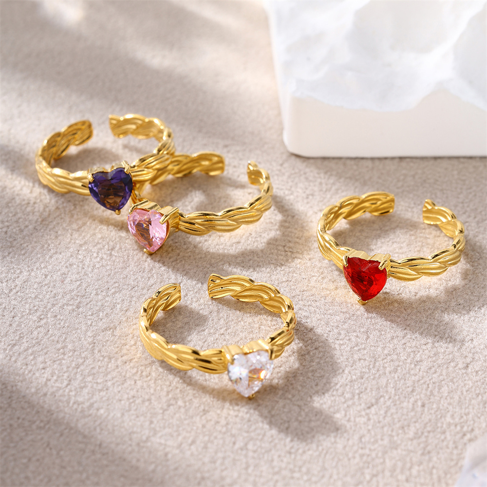 Kissmoon Trendy Colorful Heart Square Zircon Twisted Stainless Steel Gold Color Open Rings for Women Dainty Party Jewelry pen gpt