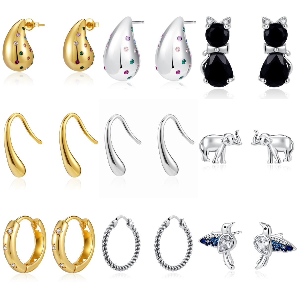 925 Sterling Silver Earrings for Women Teardrop Cat Elephant Hummingbird Hoop Earrings Colorful CZ Fashion Jewelry