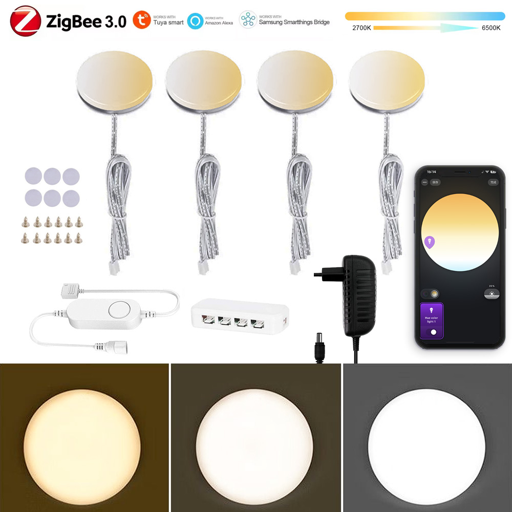 Zigbee 3.0 Under Cabinet Lights Warm White DC12V LED Round Lamp Dimming Kitchen Decor Tuya APP Voice Control For Alexa