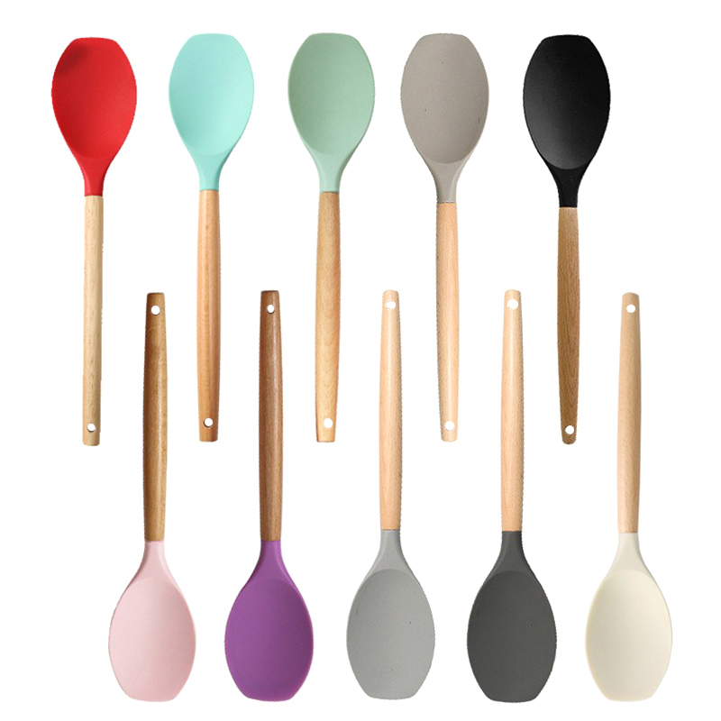 1Pcs Home Cooking Utensils Silica Gel Scoop Salad Agitator Scoop Wood Handle Pot Cooking Silica Gel Pot Scoop Outdoor Tableware