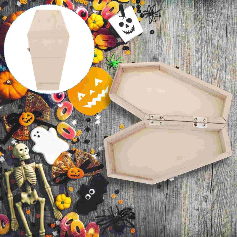 1Pc Halloween Coffin Box Small Unfinished Wood Funeral Coffins with Hinged Lids DIY Keep Casket Burial Caskets and Coffins
