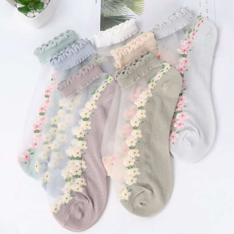5Pairs Women Flower Sock Summer Lace Crystal Glass Silk Socks Short Thin Transparent Roses Jacquard Elastic Ultra Thin Socks
