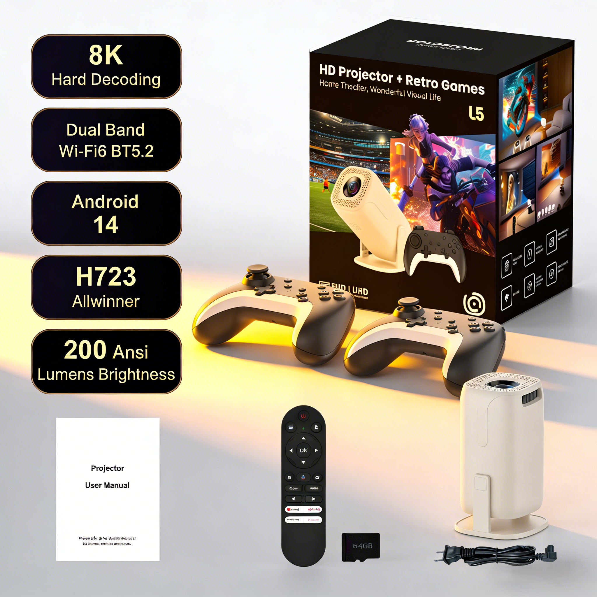 U5 Gaming Projector Android 14 Wireless Gaming Controller AY Super Card 5x Speed Bluetooth Voice Remote Netflix Video Projector