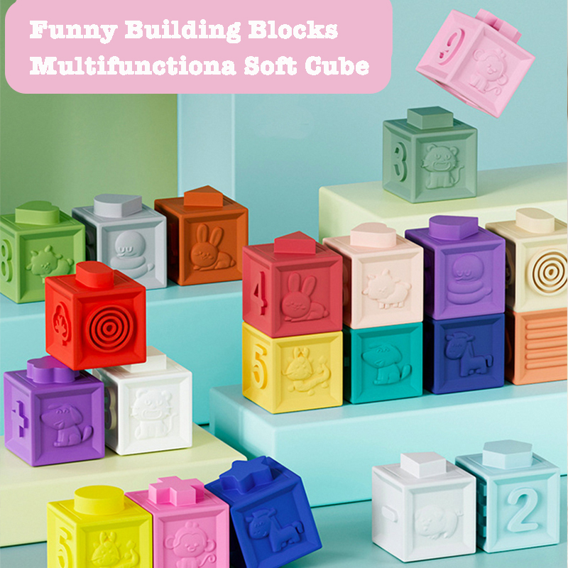 Baby Soft Building Blocks Children Bath Toys Kids Montessori Toy Toddlers Early Education Squeeze Stacker Cube Blocks