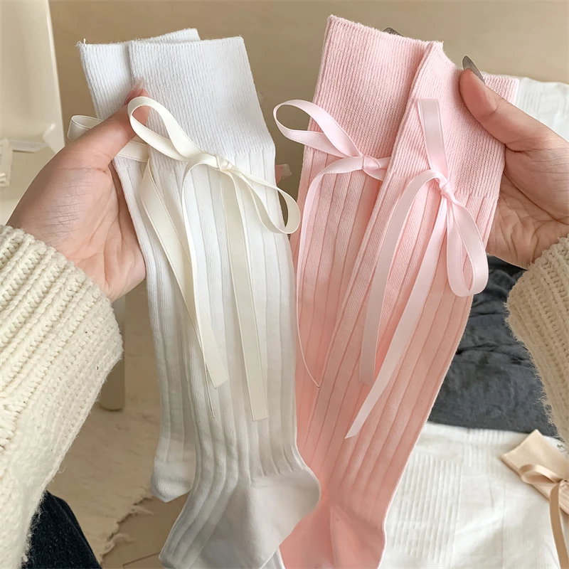 Women's Stockings High Quality Modern New Simple Cute Japanese Style Long Women Socks Mesh Bow Sweet Knee High Socks Thin White