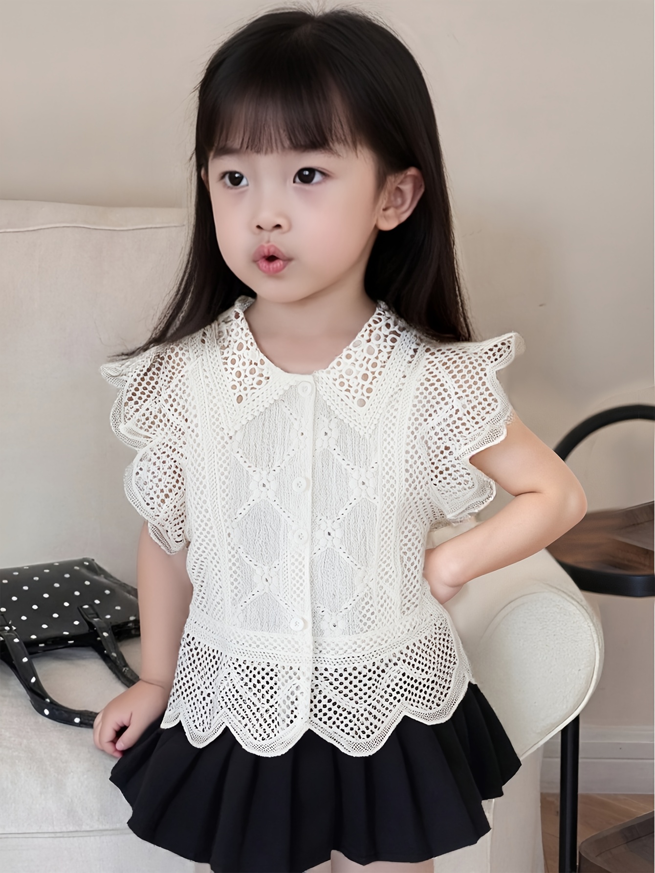Girls' pure white sleeveless lapel hollow knitted jacquard top summer casual simple shirt