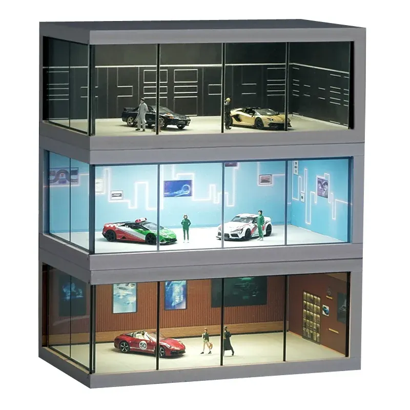 1/64 Simulated Alloy Car Model Showroom for Boy Miniature Acrylic Parking Lot Car Display Stand with Lights Kids Collection Toys