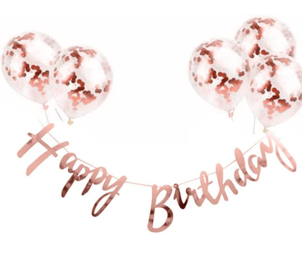 Rozi Decoration Pre-Filled Confetti Balloons (5 Pcs) with 1 cursive Happy Birthday Banner Set