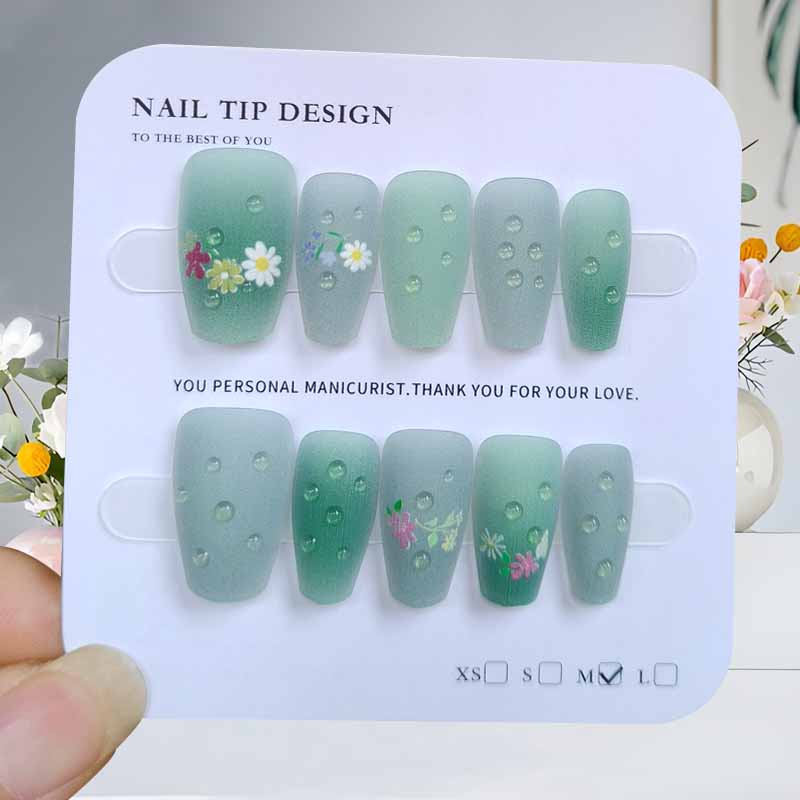10pcs Cute Little Daisy Green Matte Medium Length Ballerina Nail Press on Nails Dark Red Butterfly Shining Cat Eye False Nails