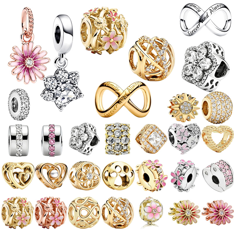 New Original Charm Beads Sparkling Pink Daisy Flower Clip& Clear Sparkling Row Clip Bead Fit Pendant Bracelet Women Jewelry