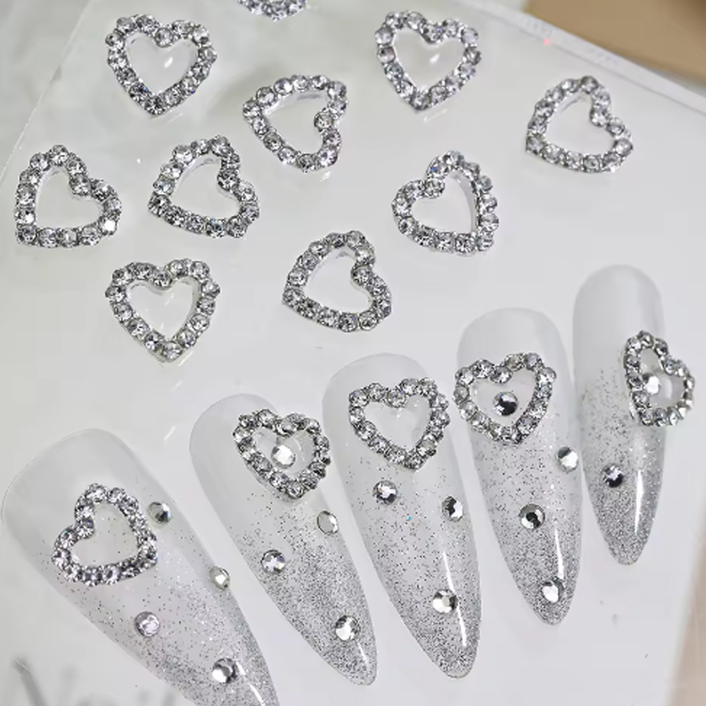 10pcs Silver Diamond Heart Shape Nail Art Charms 3D Nail Alloy Hollow-Out Crystal DIY Manicure Art Decoration Accessories