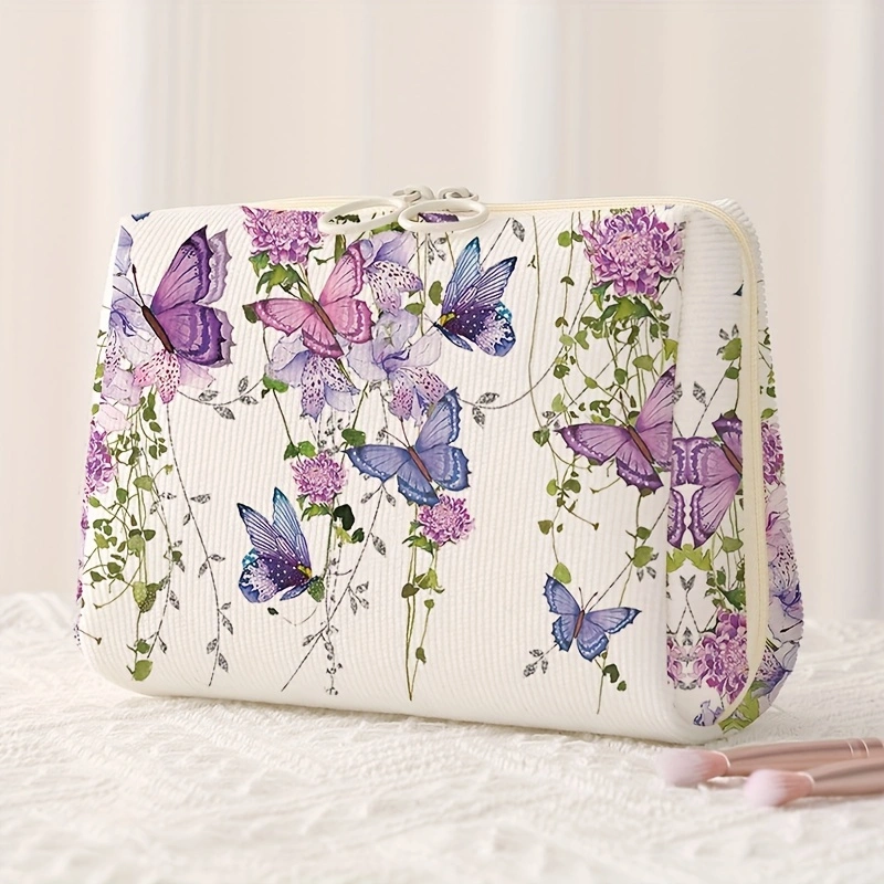 1pc，Purple butterfly print pattern makeup bag, portable makeup storage bag, multifunctional storage bag, lightweight travel bag