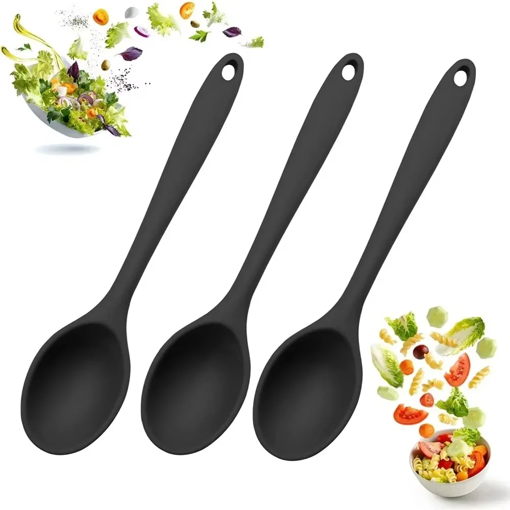 1pc Food Grade Silicone Spoon Long Handled Kitchen Soup Mixing Spoon High Temperature Resistant For Cooking Baking