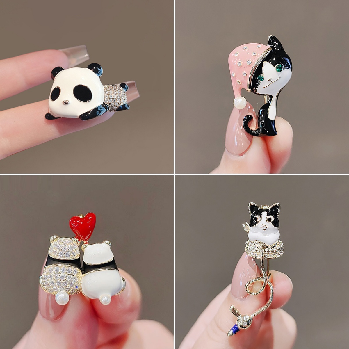 Cute Panda Brooches Cat Cartoon Exquisite Rhinestone Metal Mini Brooch Pin Rhinestone Flower Lapel Pins Fixed Jewelry Gifts