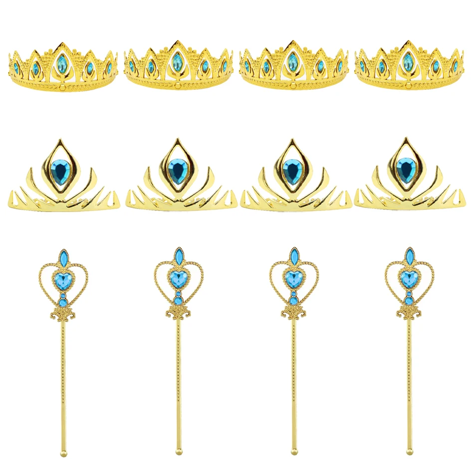 Gilrs Snow Queen Gold Crown Blue Crystal Princess Prom Crown Magic Wand Hair Comb for Girls Birthday Headwear Children Best Gift