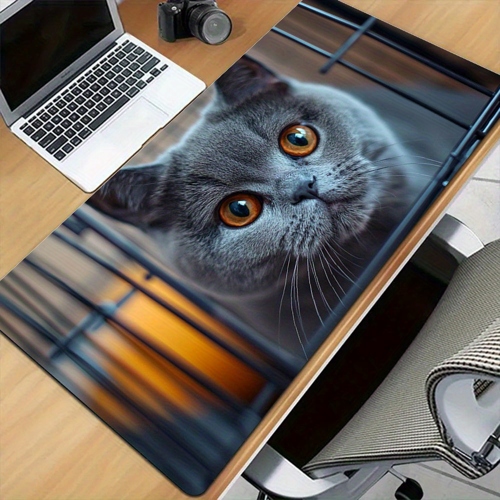 Realistic British Shorthair Cat Desk Mat, Amber Eyes Kitten Extended Mouse Pad, Non-Slip Keyboard Pad dr. eyemo