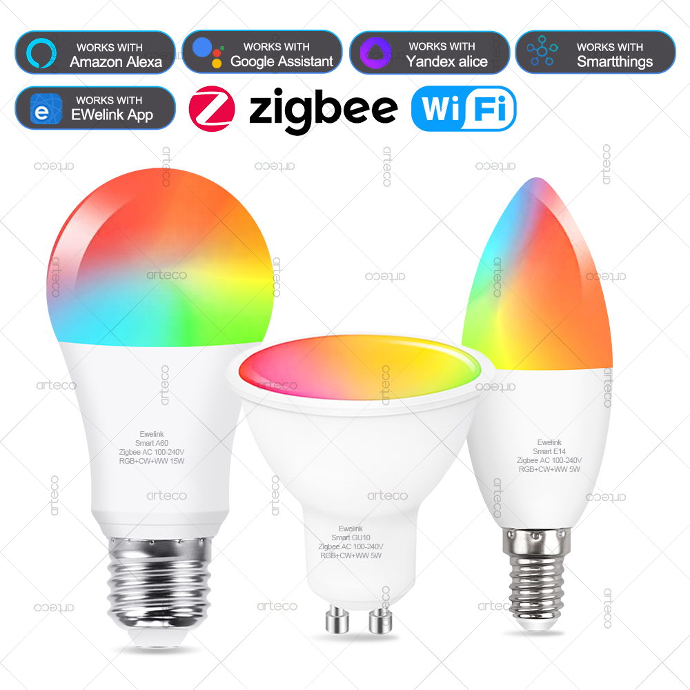 WiFi Zigbee Smart Led Light Bulb E27 E14 GU10 Dimmable RGBCW Led Lamp For Ewelink Gateway Alexa Yandex Smartthings lightify