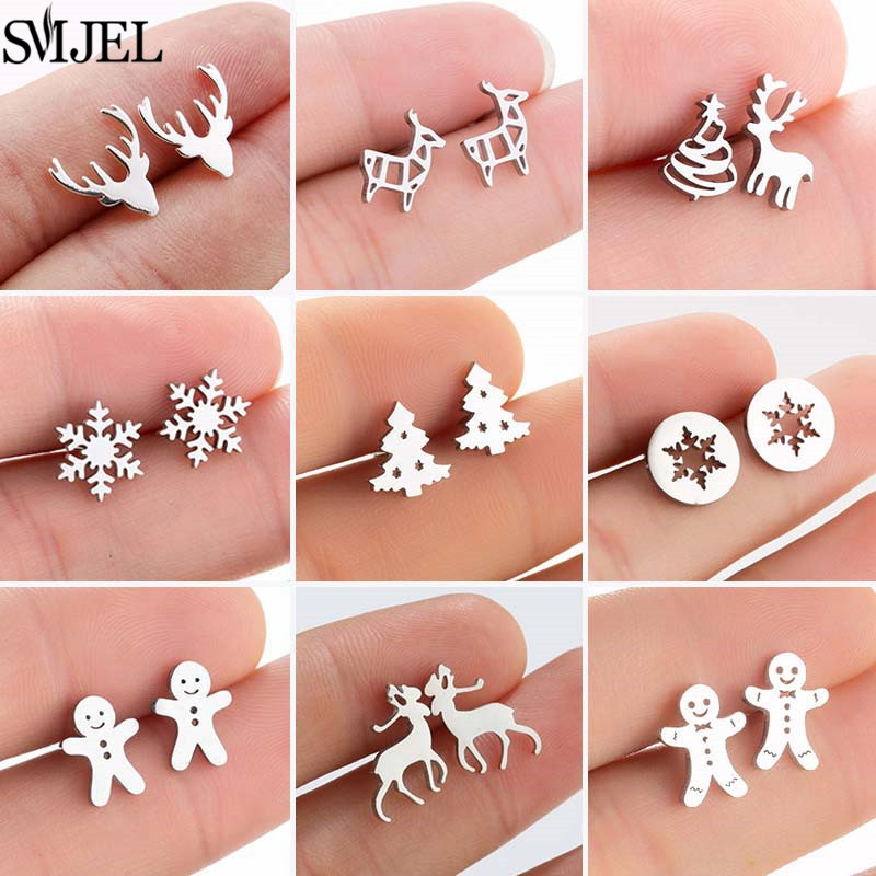 SMJEL Cute Animal Deer Stud Earrings Small Gingerbread Man Snowflake Earings for Girls Stainless Steel Christmas Jewelry Brincos