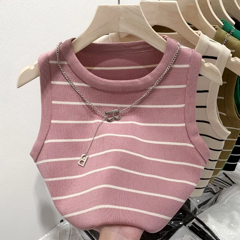 New Waistcoat Women Wear Striped Wide Edge Temperament Summer Top Short Knit Sleeveless Bottom Shirt
