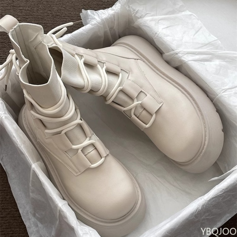 Fashionable versatile spring autumn new thick soled height increasing lace up short boots elegant simple women's shoes
