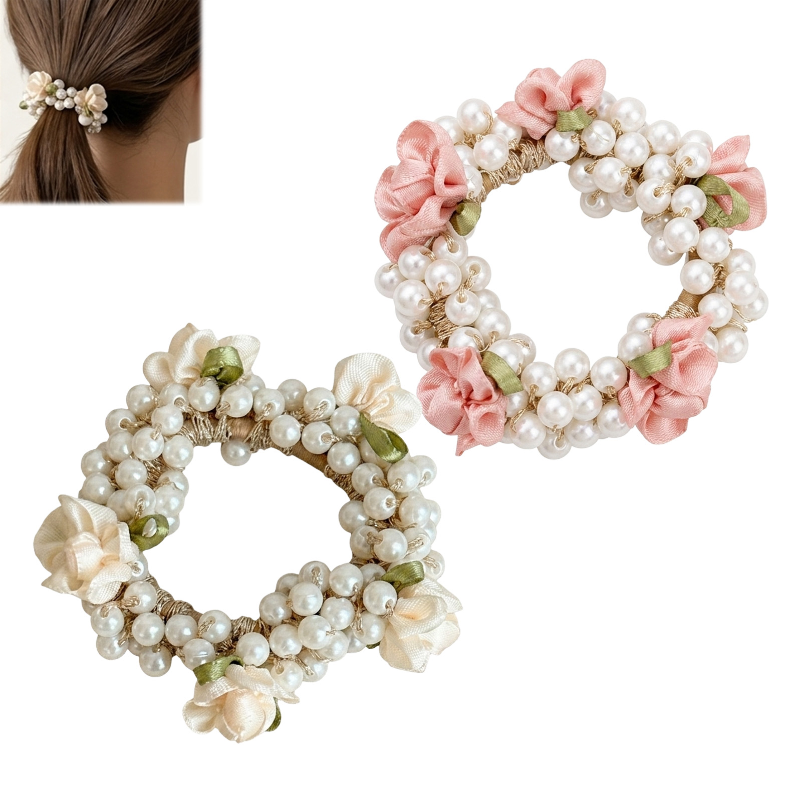 Flower Hair Tie for Girls French Floral Oil Painting Style Bead Woven High-elasticity Hairband for Daily Party Hair Accessories