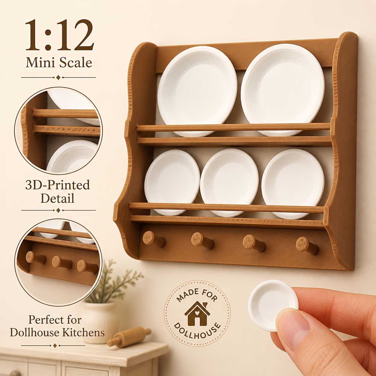 1:12 Scale Dollhouse Miniature Wall Plate Rack Set, Kitchen Dish Shelf with 2 Large Plates and 3 Small Plates, Black/Brown Mini