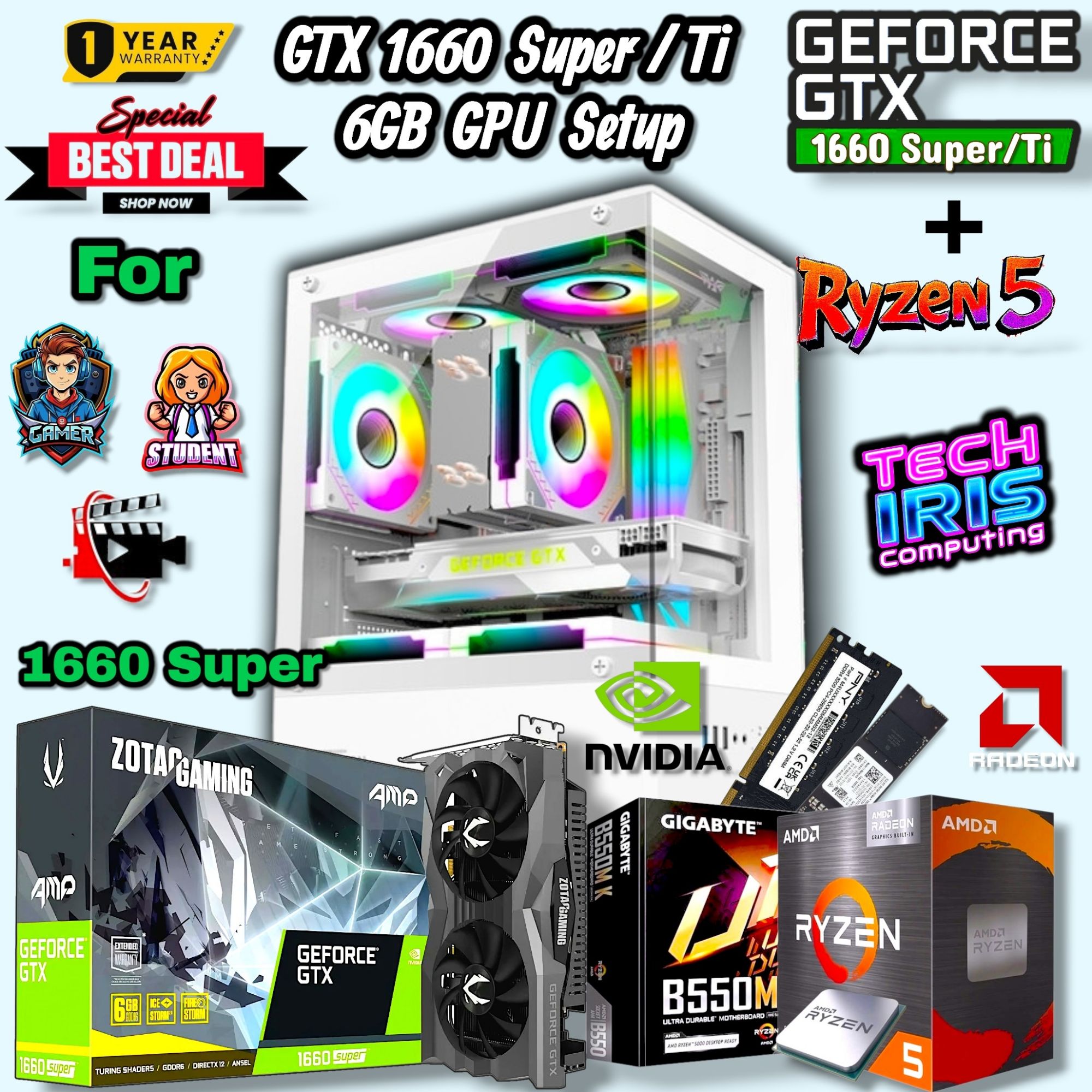 GTX 1660 Super/Ti 6GB Graphics Powered Gaming PC With Ryzen 5 Processor, GTX 1660Ti/Super 6GB GDDR6 GPU, DDR4 RAM & Nvme Gaming Computer Desktop.