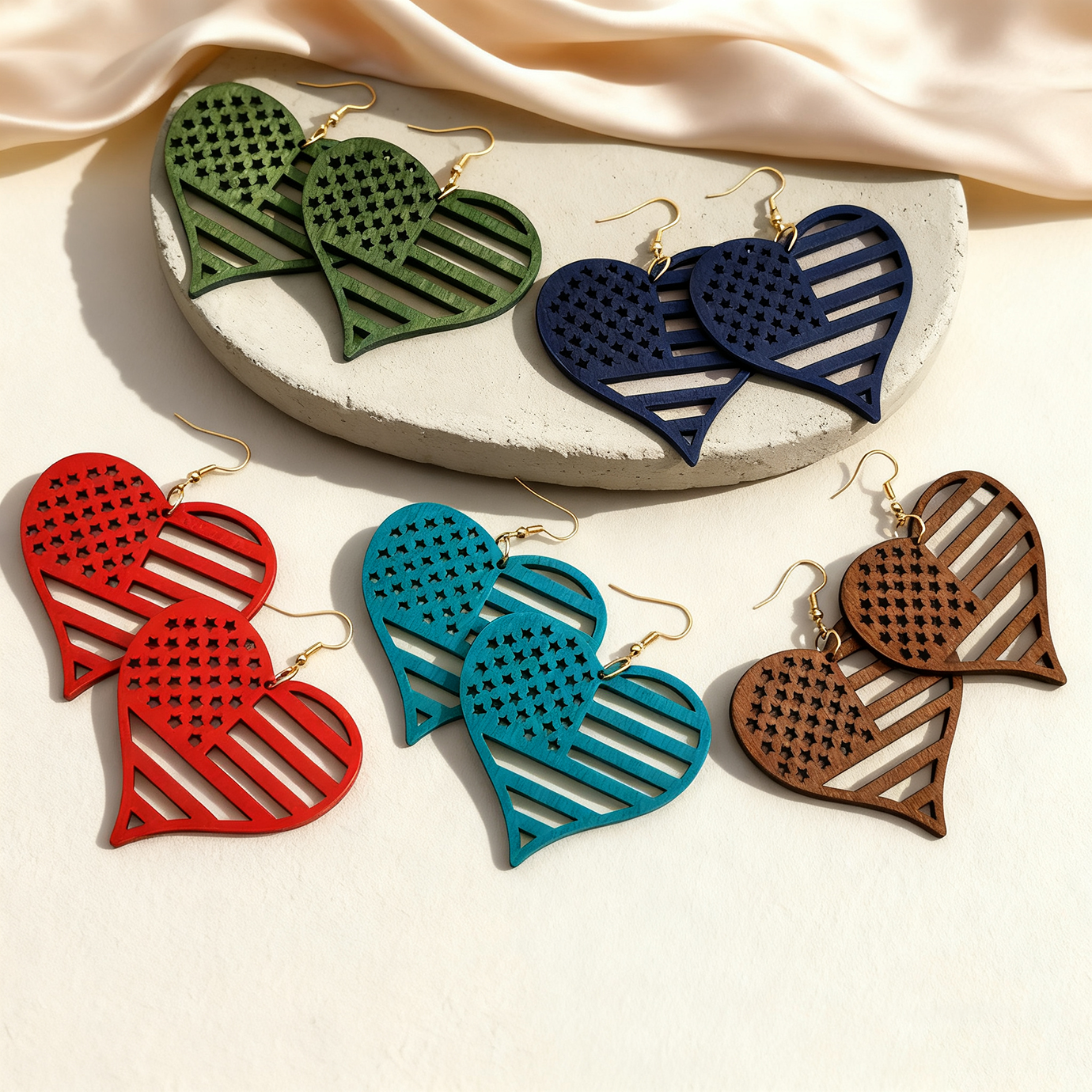 5 Pairs of Multi-Colored Heart-Shaped Hollow Wooden Earrings, Retro Autumn and Winter Seasonal Personalized Earrings, Suitable for [or Suitable for Wearing].