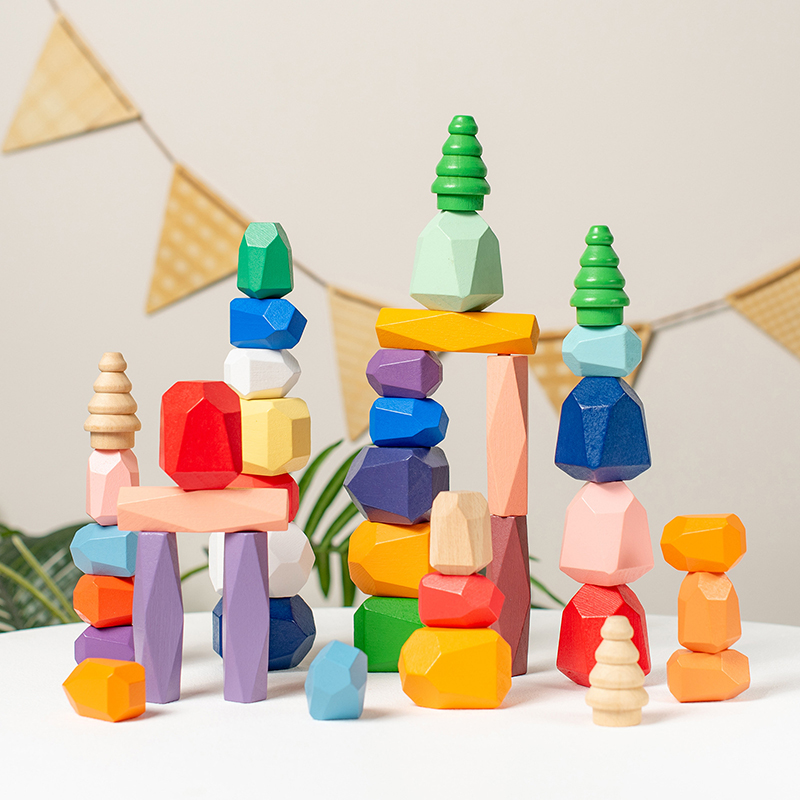 Children Wooden Colored Stone Balanc Building Blocks Educational Toy Creative Nordic Style Stacking Game Rainbow Wooden Toy