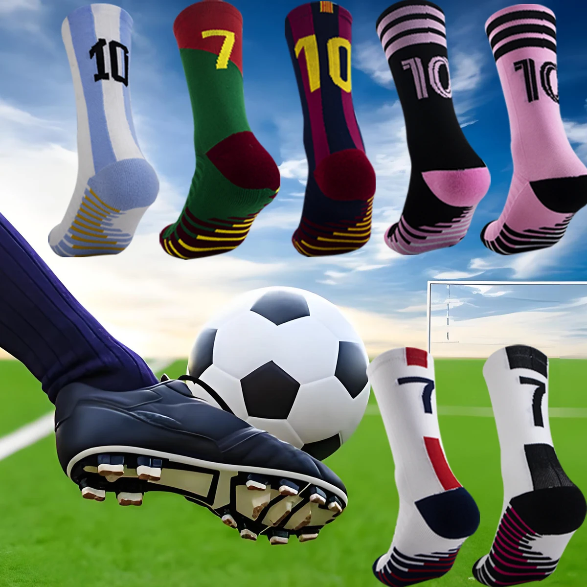 1 pair of men's professional football socks, non-slip training game socks, with towel bottom, numbered mid-knee sports socks