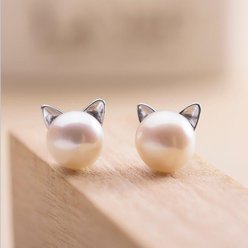 Creative Simple Craft Cute Animal 925 Sterling Silver Jewelry Small Cat Hollow Pierced Pearl Female Earrings E064