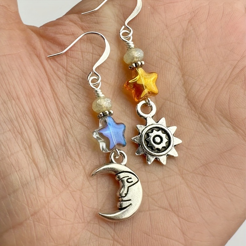 Vintage Creative Moon Sun Stars Face Carved Asymmetrical Women's Pendant Earrings for Party Gathering Simple Ladies Holiday Wear