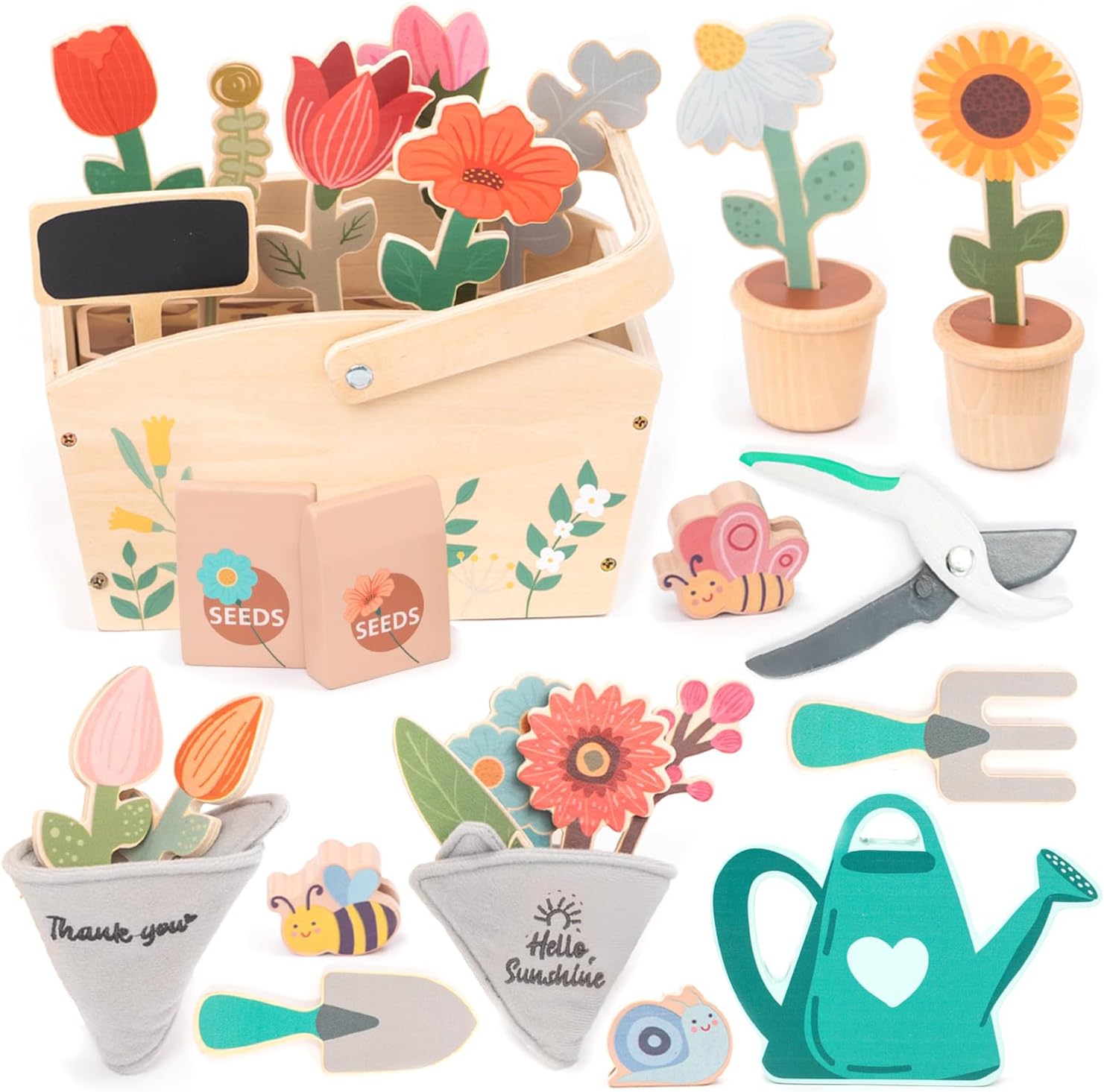 Wooden Garden Play Set - 30 Pcs Kids Gardening Toy with Watering Can Shovel Rake Basket & Accessories - Outdoor Pretend Play