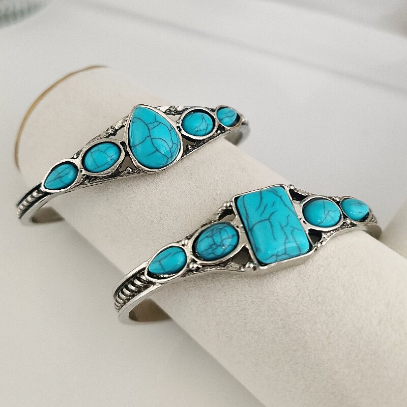 1pcs new style personality retro turquoise carved hollow geometry light luxury accessories bracelet adjustable opening bracelet