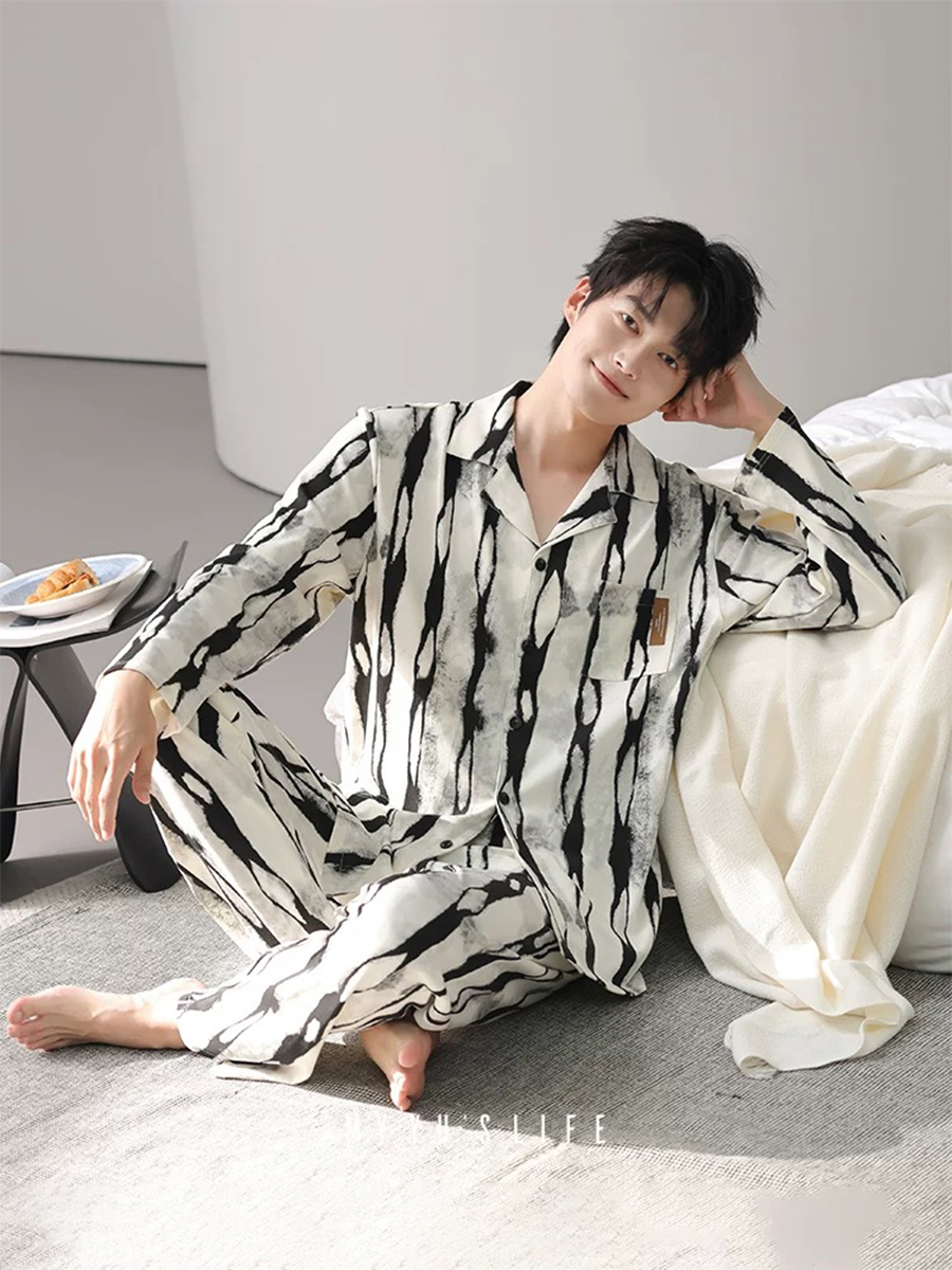 Pajamas for Men, Spring, Autumn and Winter Long-Sleeved New Simple Loose Home Clothes Set That Can Be Worn Outside for Men