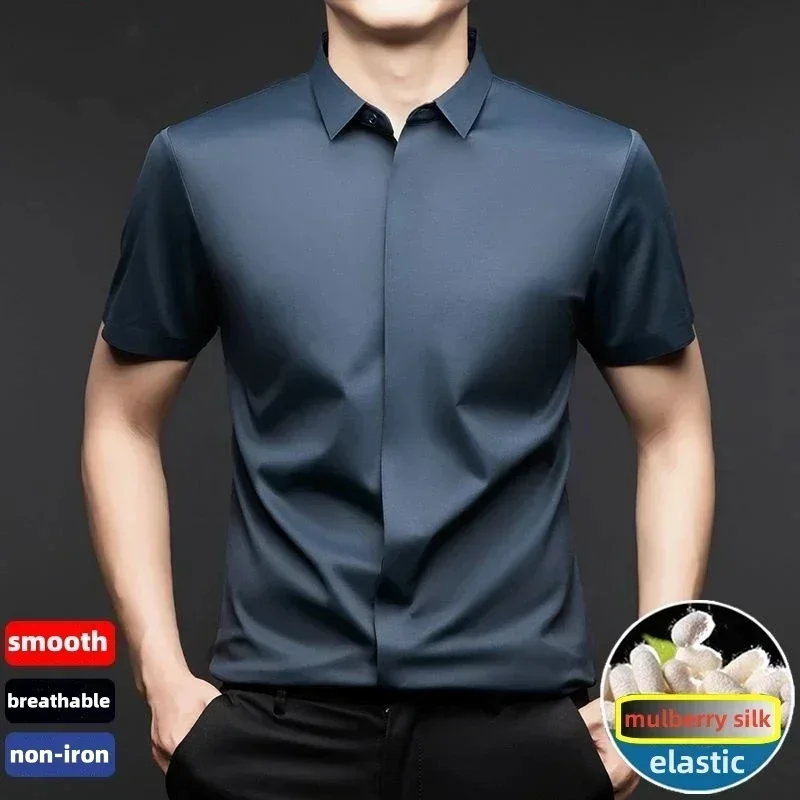 High End Mulberry Silk Dress Shirts Business Men Wrinkle Resistant Button Invisible Elastic Tops Luxurious Male Quality Clothing