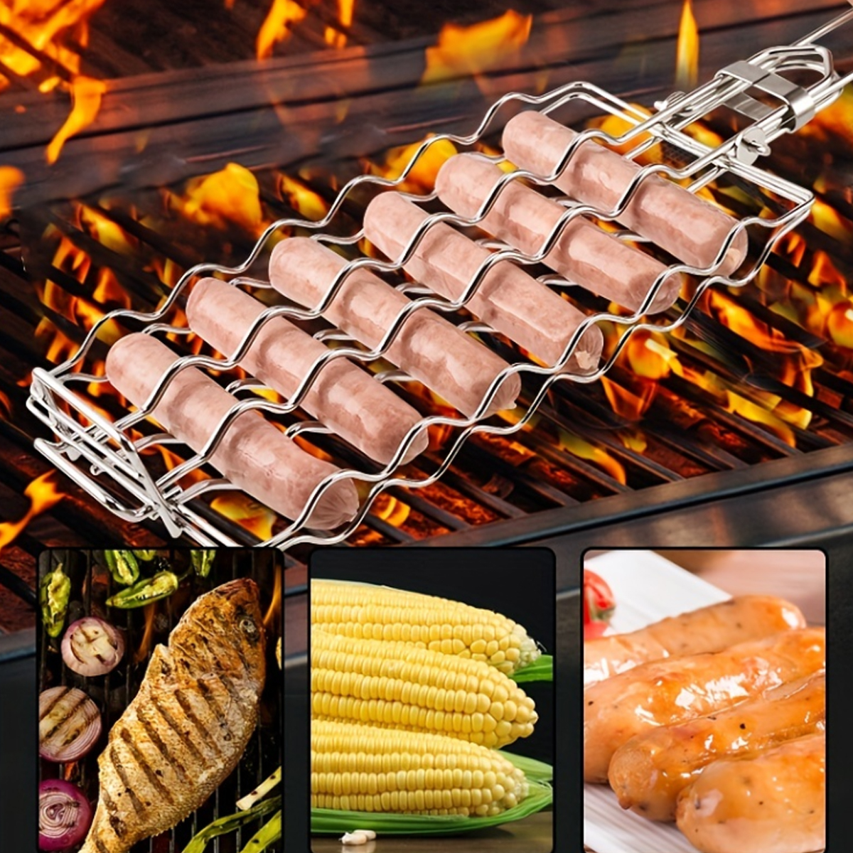 1pc Sausage Barbecue Net BBQ Tool 304 Stainless Steel Hot Dog Barbecue Rack Detachable Foldable Portable Barbecue Net Clip
