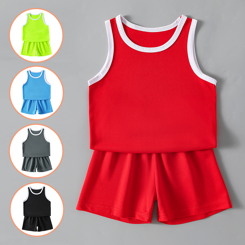 2-piece set of children's summer quick drying vest shorts for boys and girls round neck casual sleeveless top solid color shorts