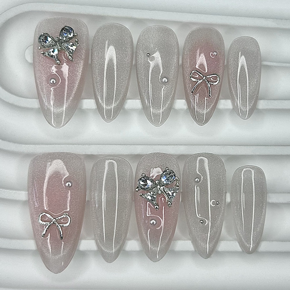 Cute Pink Blush Almond Handmade Press On Nails Gentle Sweet Soft Girl Fake Nails 3D Bow Pearl Diamond Cat Eye Glitter Nail Art
