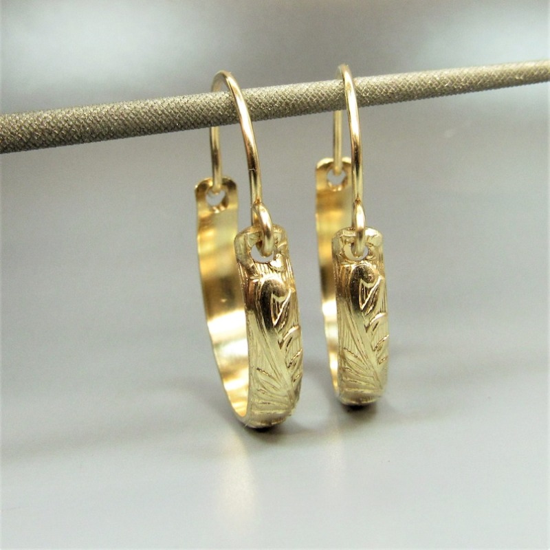 Classic Small Golden Color Hoop Earrings with Renaissance Floral Pattern, Mothers Day